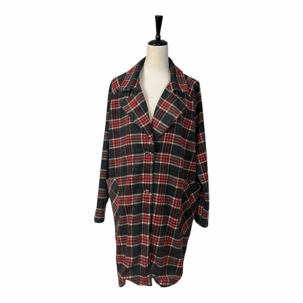Active USA Plaid Coat Size L Red Brown Long Shacket Classic Fall Oversized